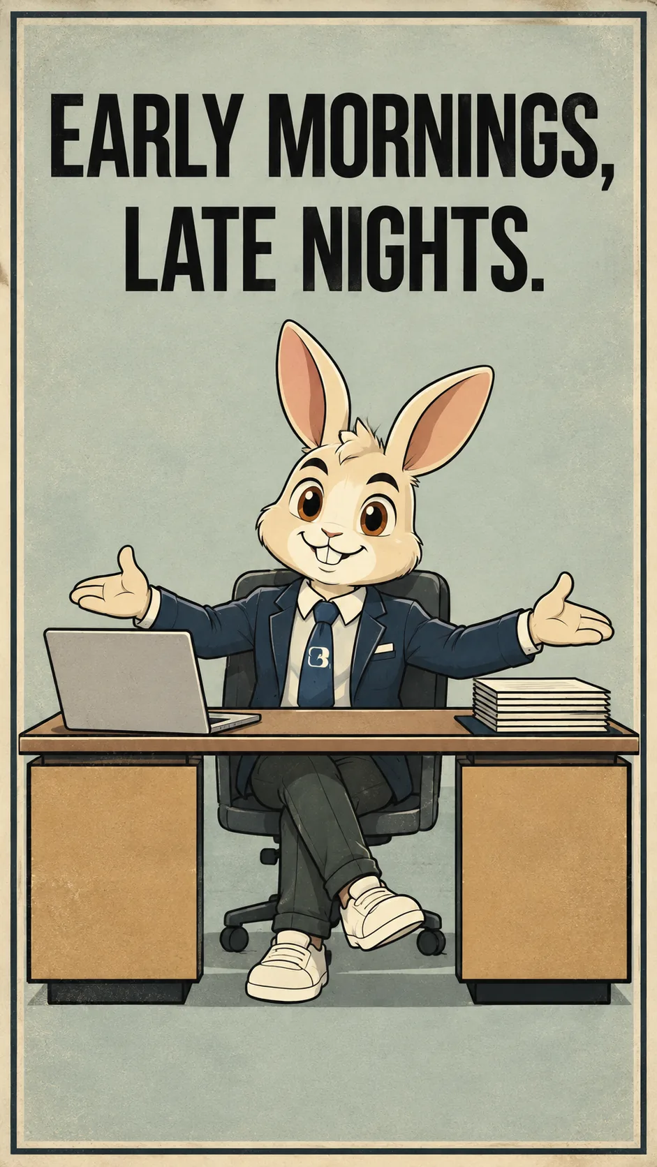 Фирменный кролик S1 за офисным столом. EARLY MORNINGS, LATE NIGHTS.